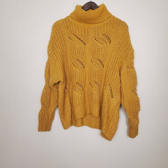 H&M Mustard Yellow Chunky Cable Knit Turtleneck Sweater Womens Large - Picture 3 of 6